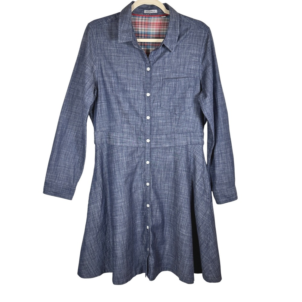 Toad&Co Shirt Dress Women Large Blue Organic Cotton Pockets Long Sleeves Cabin